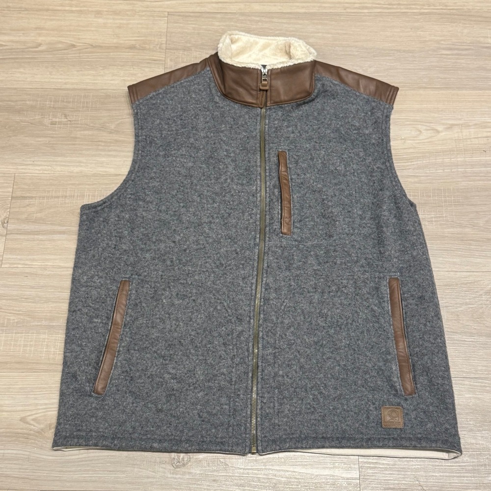 Overland Holden Italian Wool Blend Fleece Vest Mens XL Leather Trim Gray Gilet